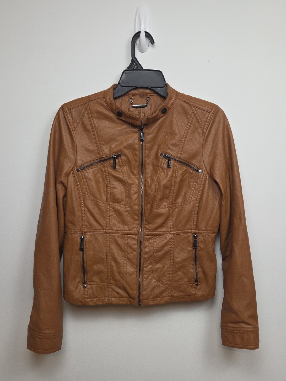J2 Women's Cognac Brown Faux Leather Motorcycle Jacket Moto Biker Fall Winter L